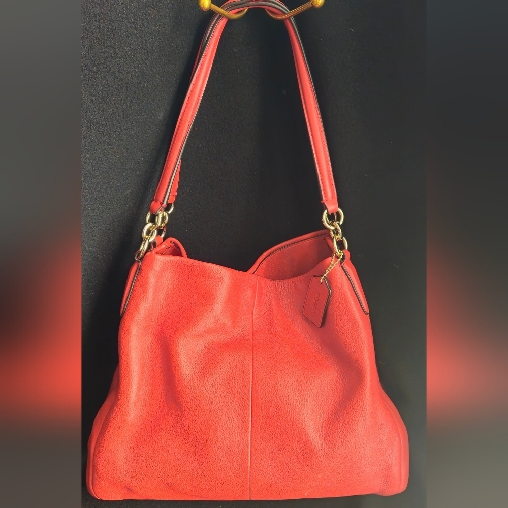 Coach Madison Phoebe Red-Orange Pebbled Leather Slouch Shoulder Bag